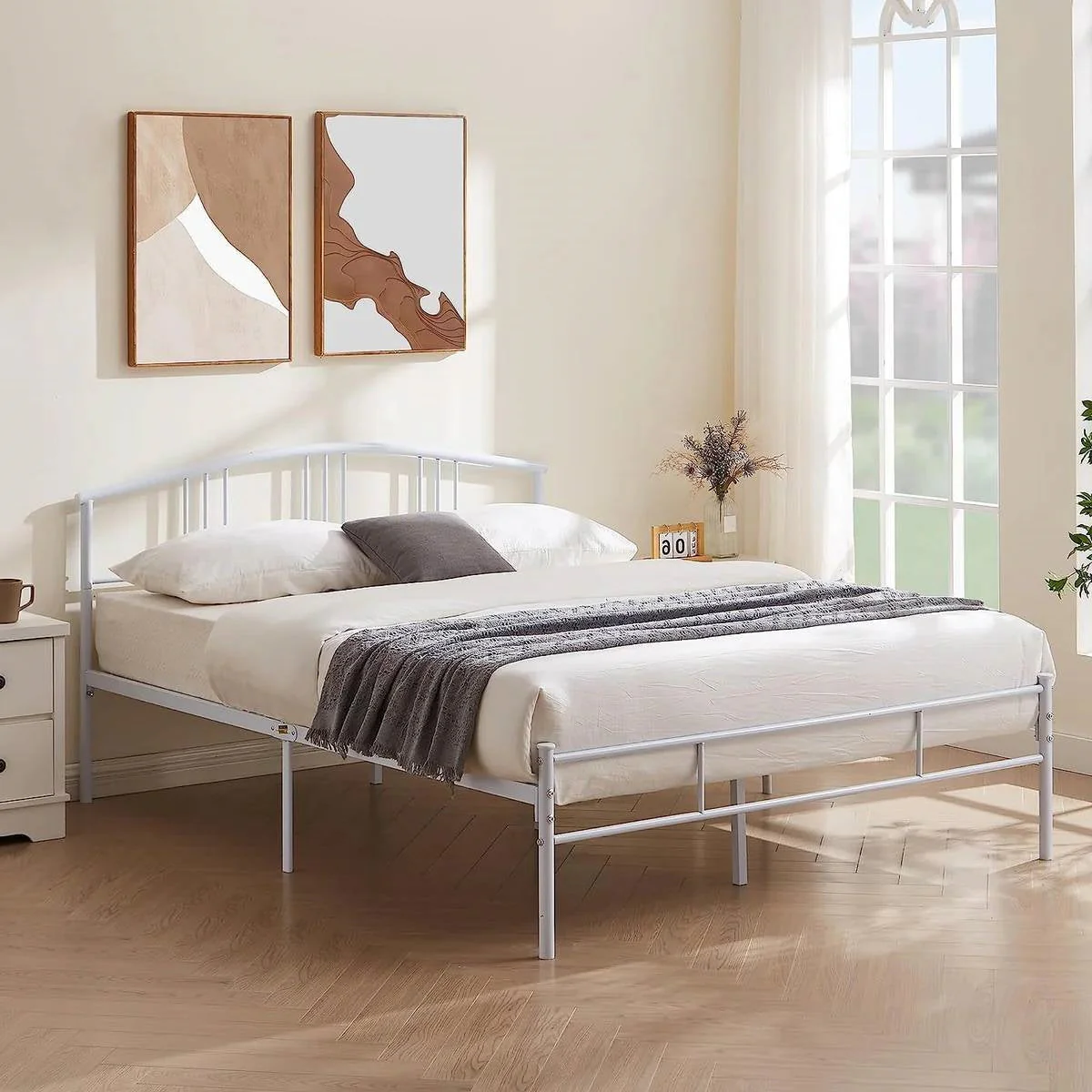 Queen size White Metal Platform Bed Frame with Arched Headboard - Image 3