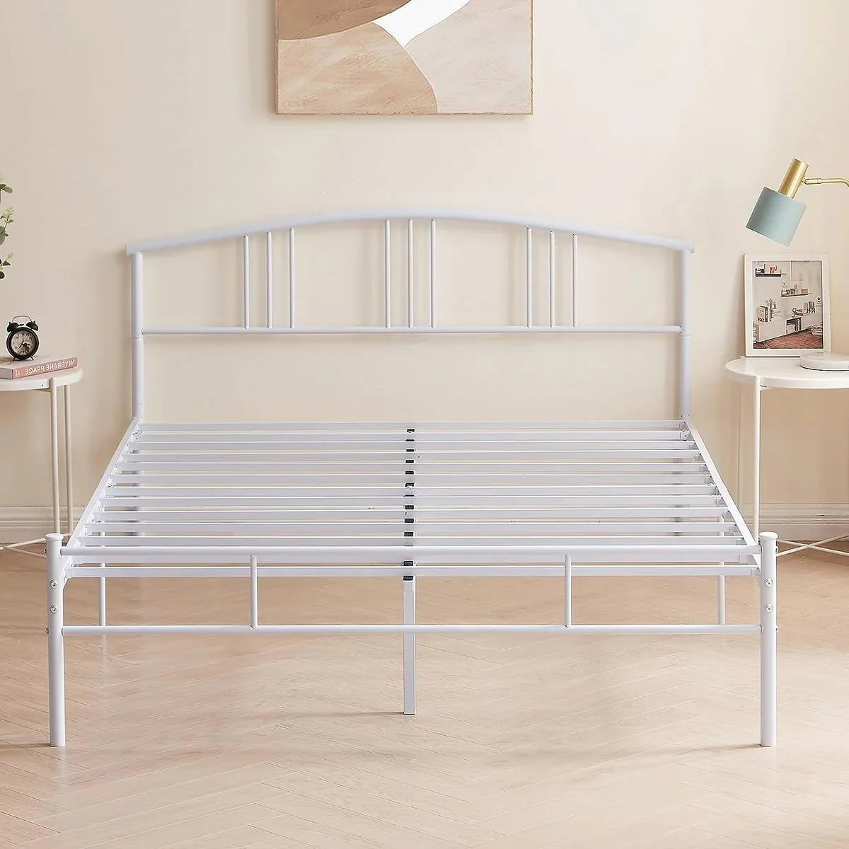 Queen size White Metal Platform Bed Frame with Arched Headboard - Image 4