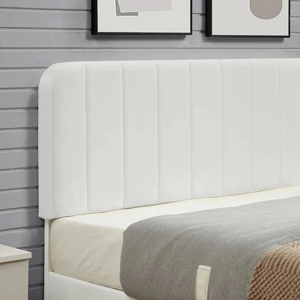 Queen size White Upholstered Platform Bed Frame with Headboard - Image 2