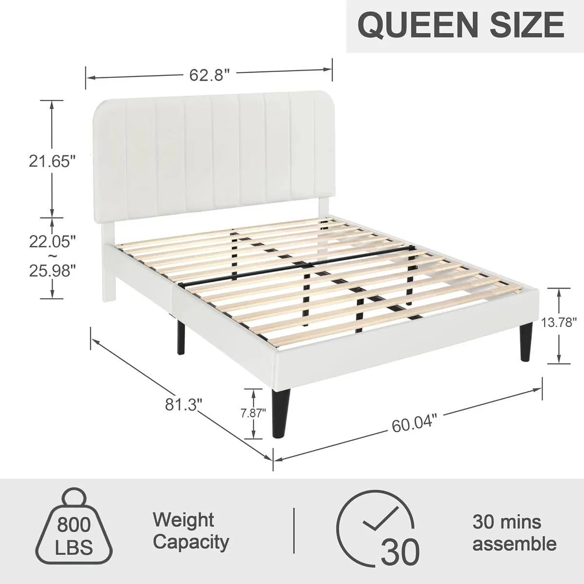 Queen size White Upholstered Platform Bed Frame with Headboard - Image 5