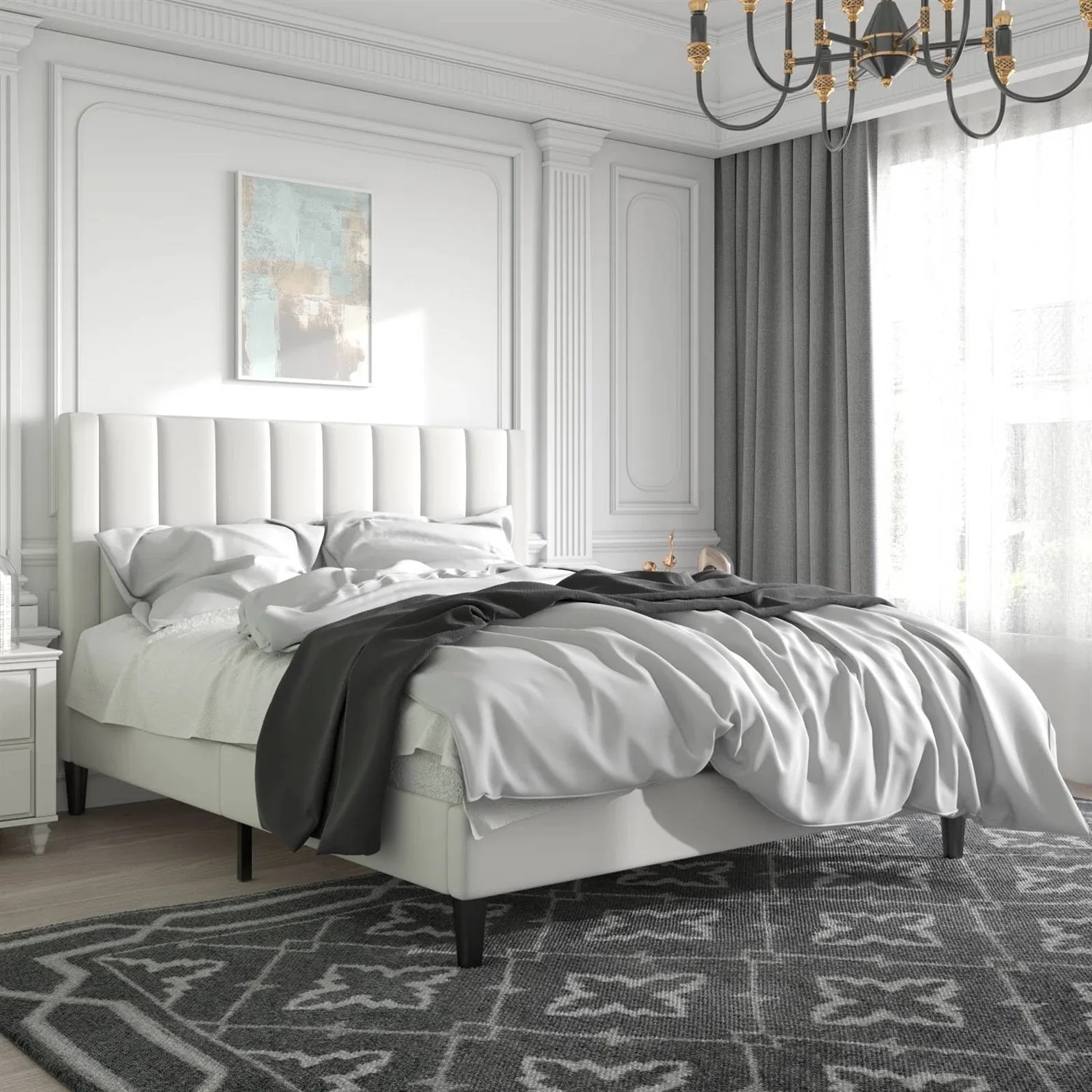 Queen size White Velvet Upholstered Platform Bed Frame with Headboard - Image 2