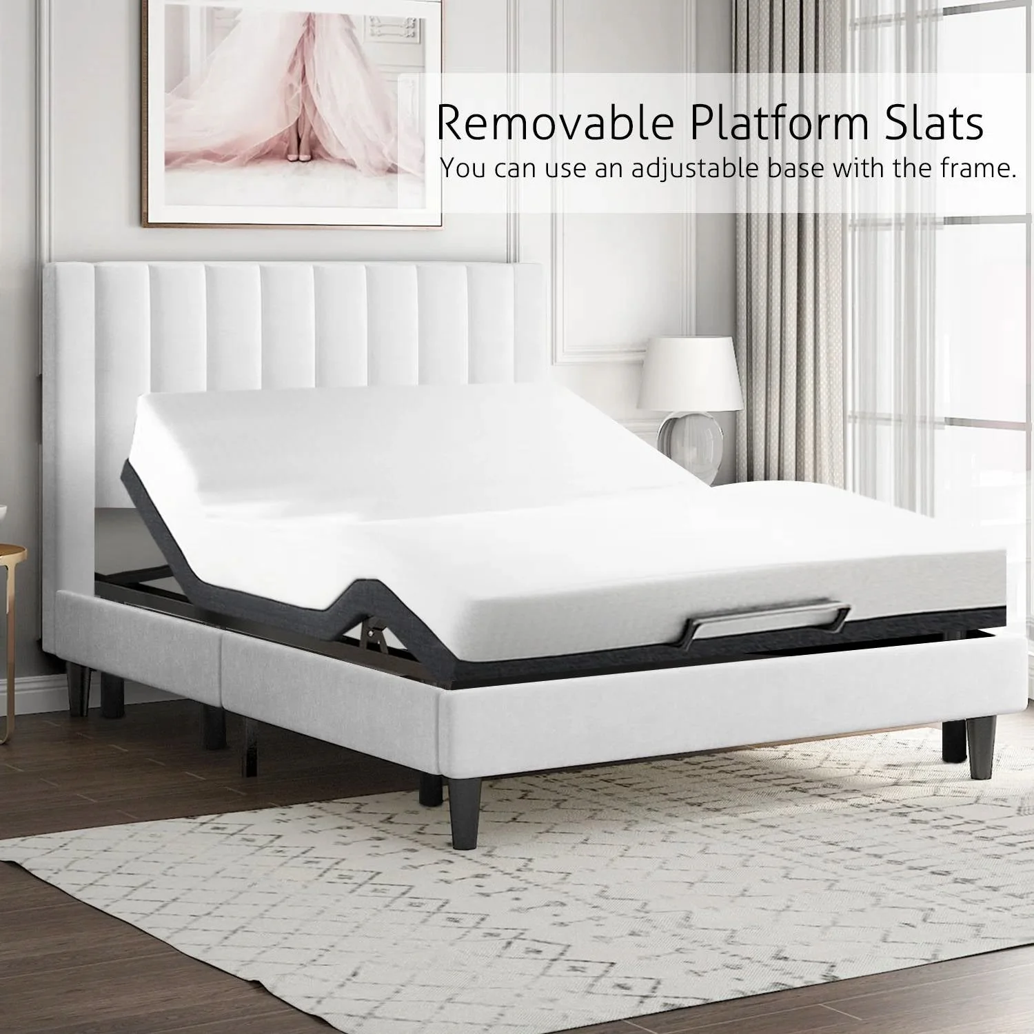 Queen size White Velvet Upholstered Platform Bed Frame with Headboard - Image 4