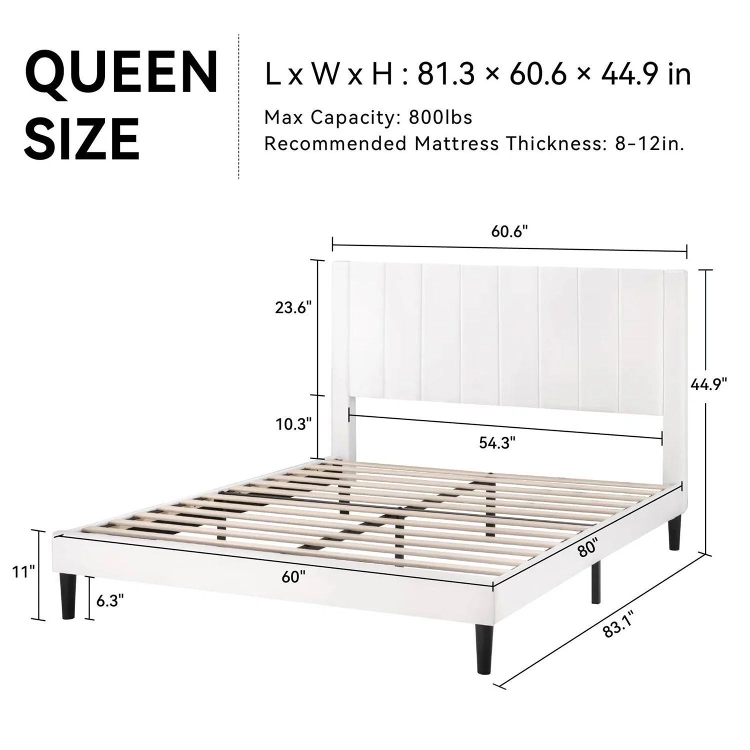 Queen size White Velvet Upholstered Platform Bed Frame with Headboard - Image 5