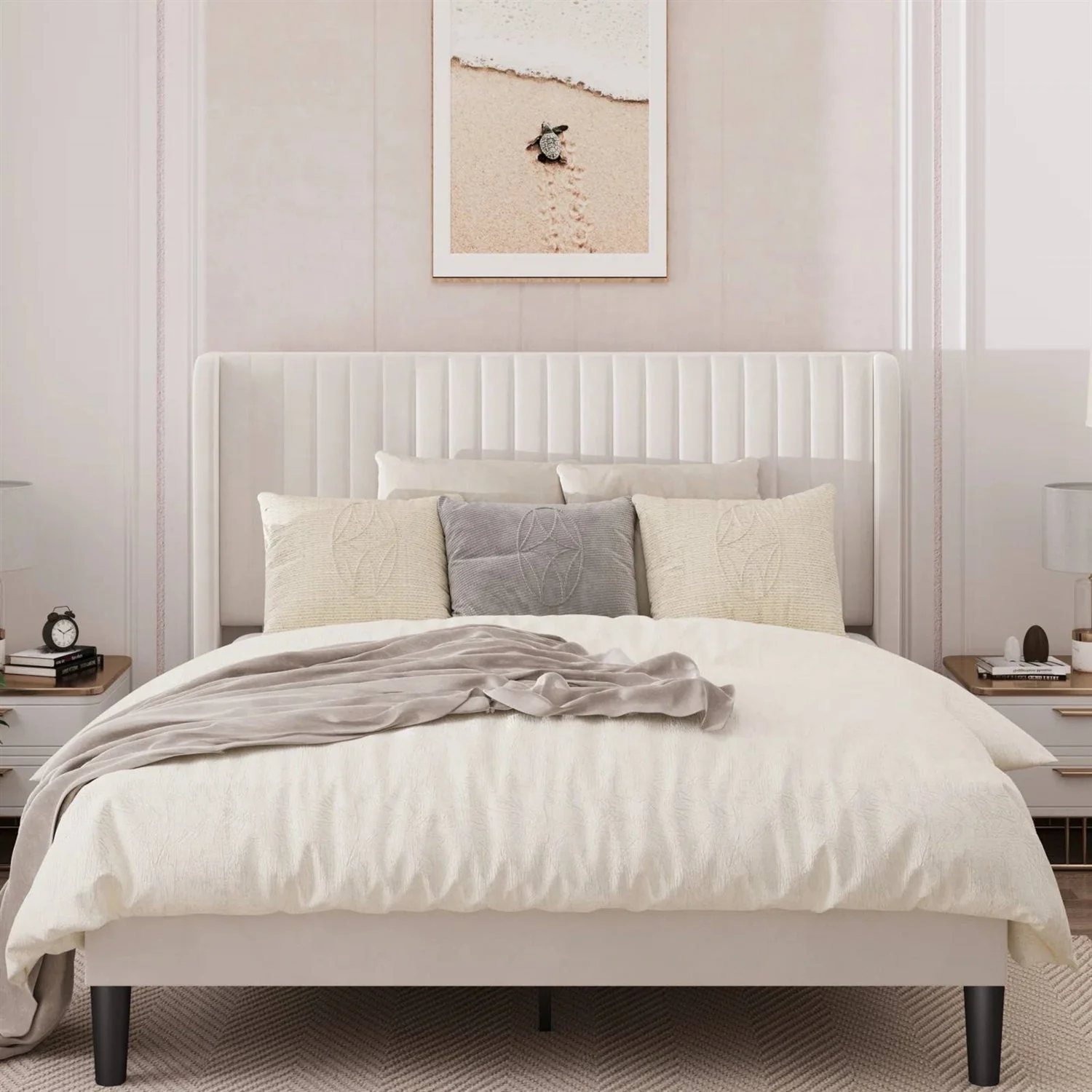 Queen size White Velvet Upholstered Platform Bed Frame with Wingback Headboard - Image 2