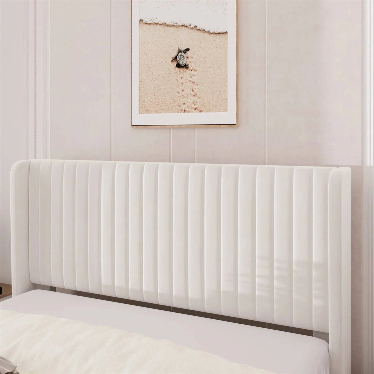 Queen size White Velvet Upholstered Platform Bed Frame with Wingback Headboard - Image 3