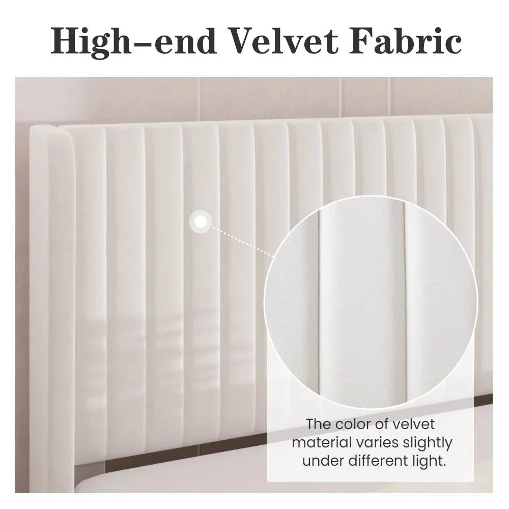 Queen size White Velvet Upholstered Platform Bed Frame with Wingback Headboard - Image 4