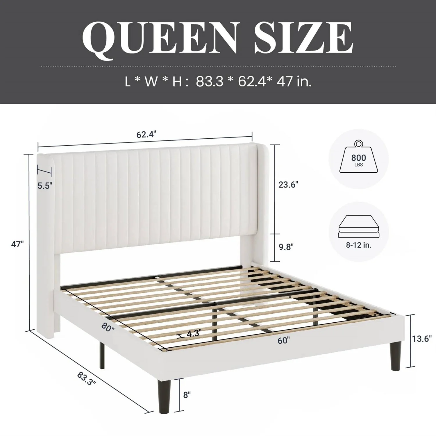 Queen size White Velvet Upholstered Platform Bed Frame with Wingback Headboard - Image 5
