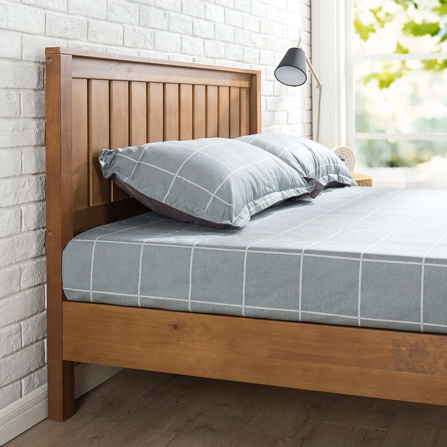 Queen Solid Wood Platform Bed Frame with Headboard in Medium Brown Finish - Image 2