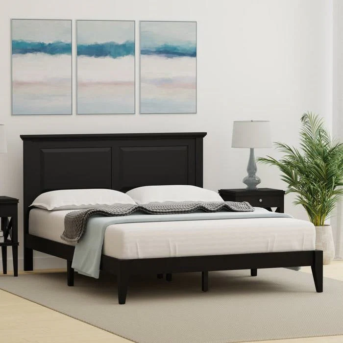 Queen Traditional Solid Oak Wooden Platform Bed Frame with Headboard in Black - Image 3