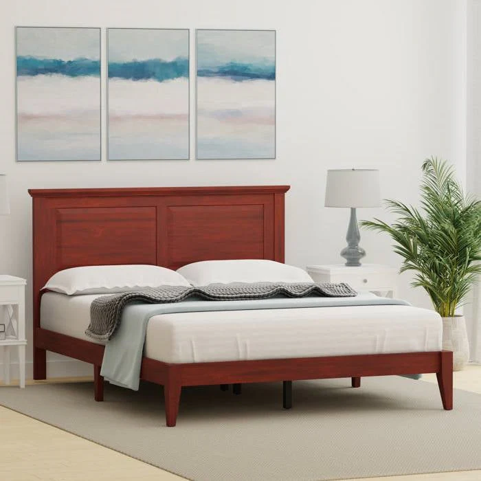 Queen Traditional Solid Oak Wooden Platform Bed Frame with Headboard in Cherry - Image 2