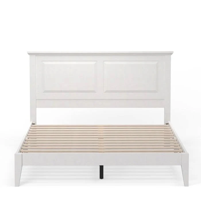 Queen Traditional Solid Oak Wooden Platform Bed Frame with Headboard in White - Image 2