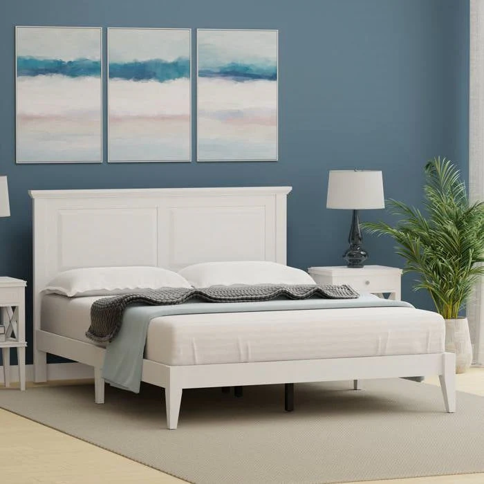 Queen Traditional Solid Oak Wooden Platform Bed Frame with Headboard in White - Image 3