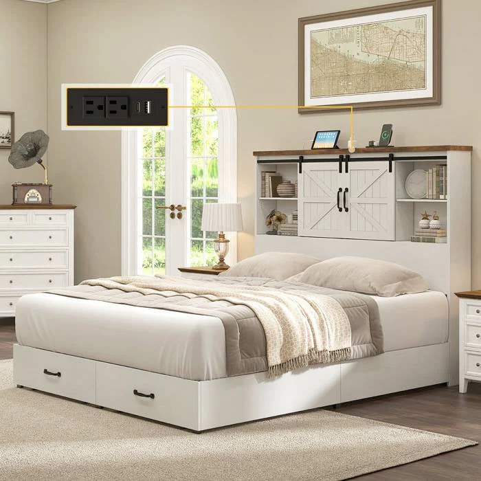 Queen White Farmhouse Platform Bed with Bookcase Headboard and Storage Drawers - Image 2
