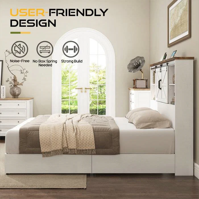 Queen White Farmhouse Platform Bed with Bookcase Headboard and Storage Drawers - Image 3