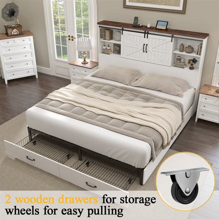 Queen White Farmhouse Platform Bed with Bookcase Headboard and Storage Drawers - Image 4