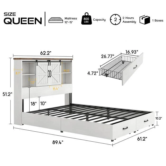 Queen White Farmhouse Platform Bed with Bookcase Headboard and Storage Drawers - Image 5