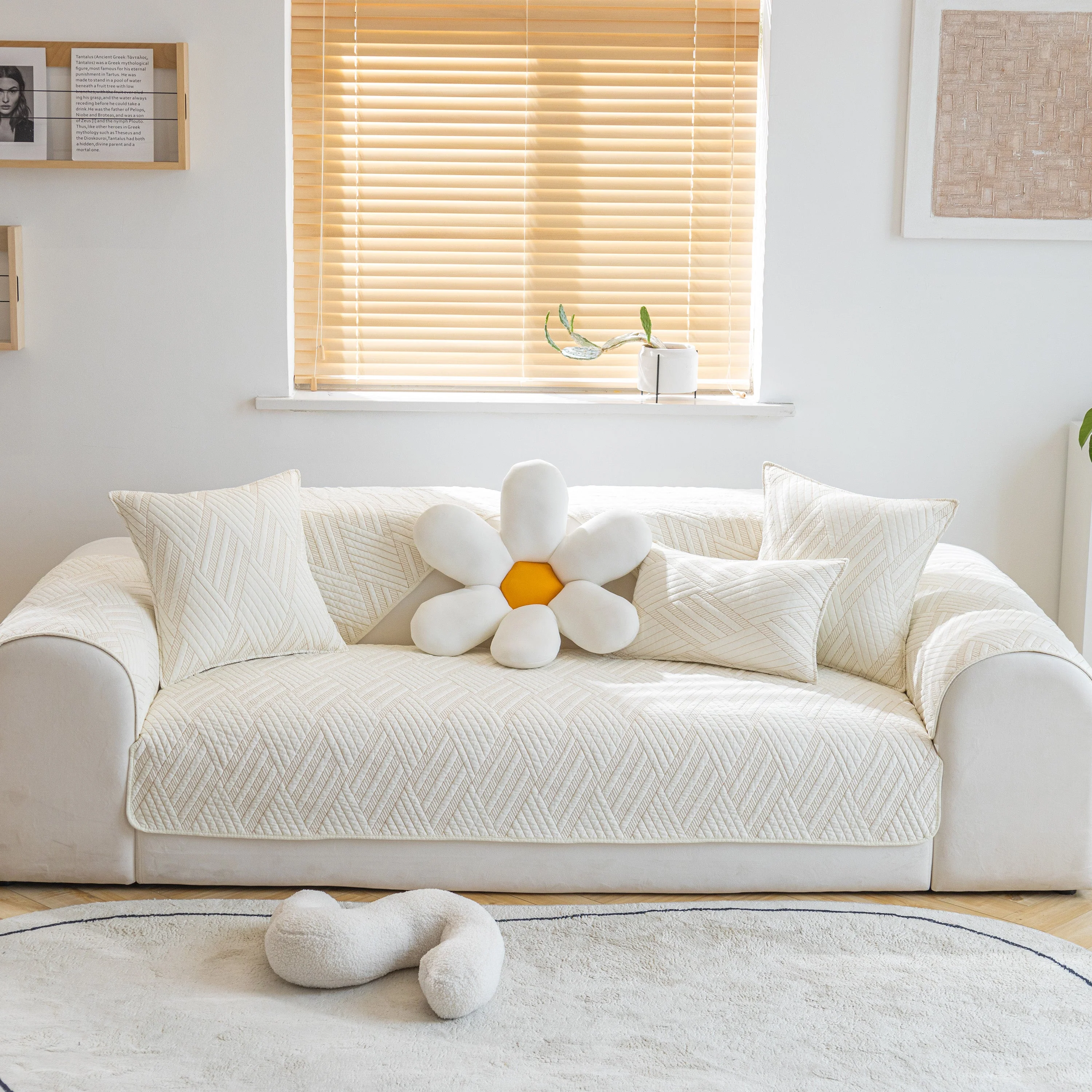 Quilted Geometric Cotton Sofa Cover, Non-Slip & Thick Padded Furniture Covers - Image 2