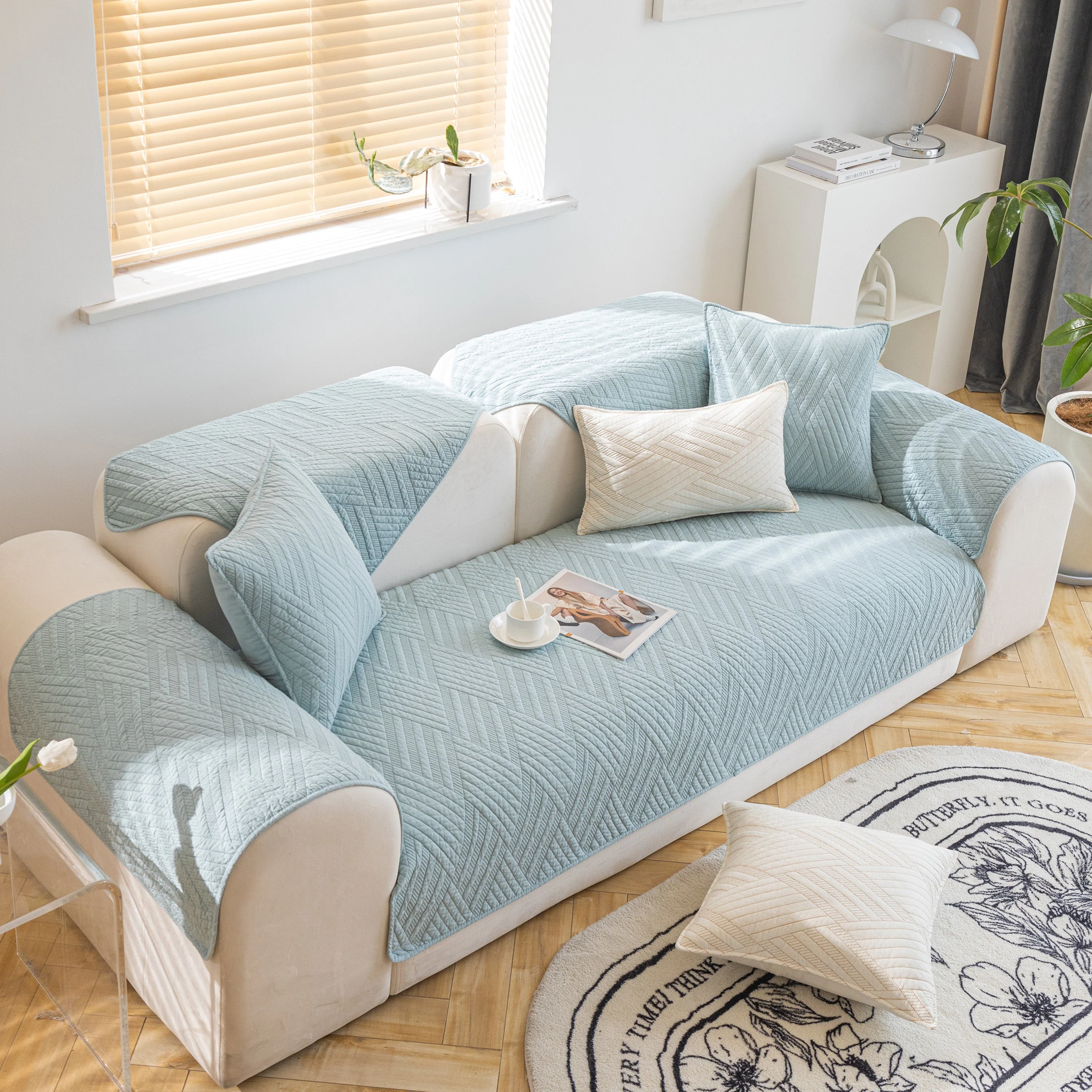 Quilted Geometric Cotton Sofa Cover, Non-Slip & Thick Padded Furniture Covers - Image 22