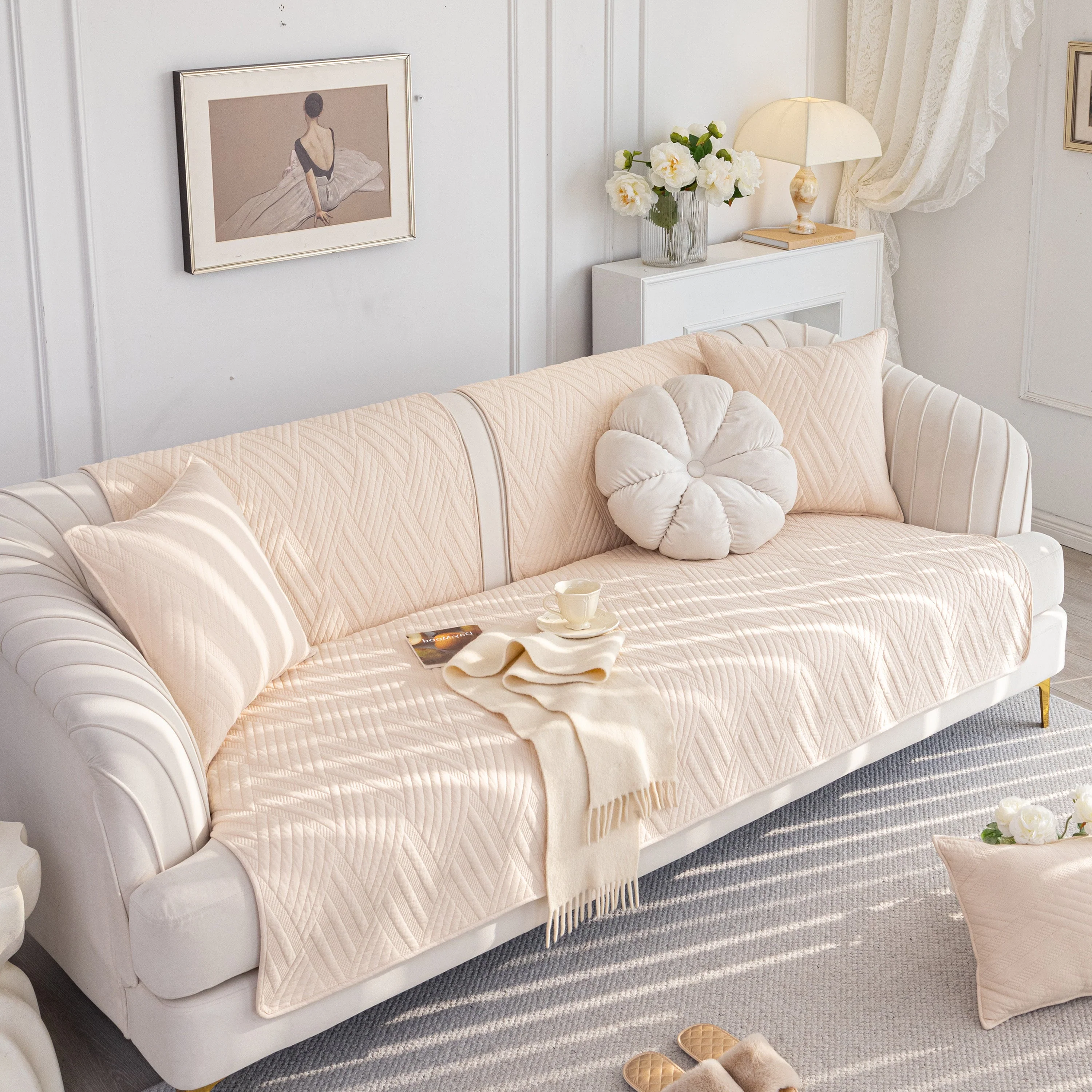 Quilted Geometric Cotton Sofa Cover, Non-Slip & Thick Padded Furniture Covers - Image 24