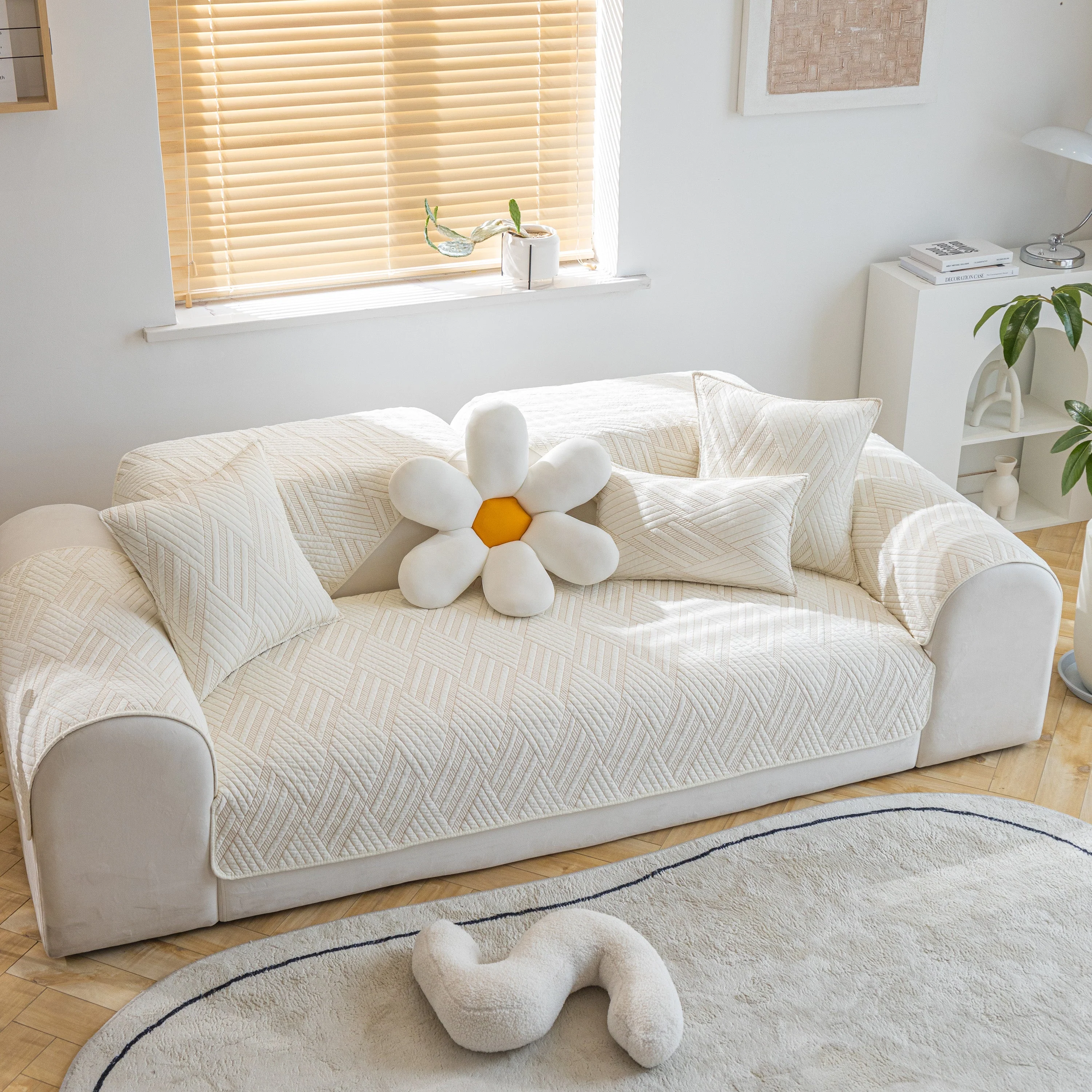 Quilted Geometric Cotton Sofa Cover, Non-Slip & Thick Padded Furniture Covers - Image 3