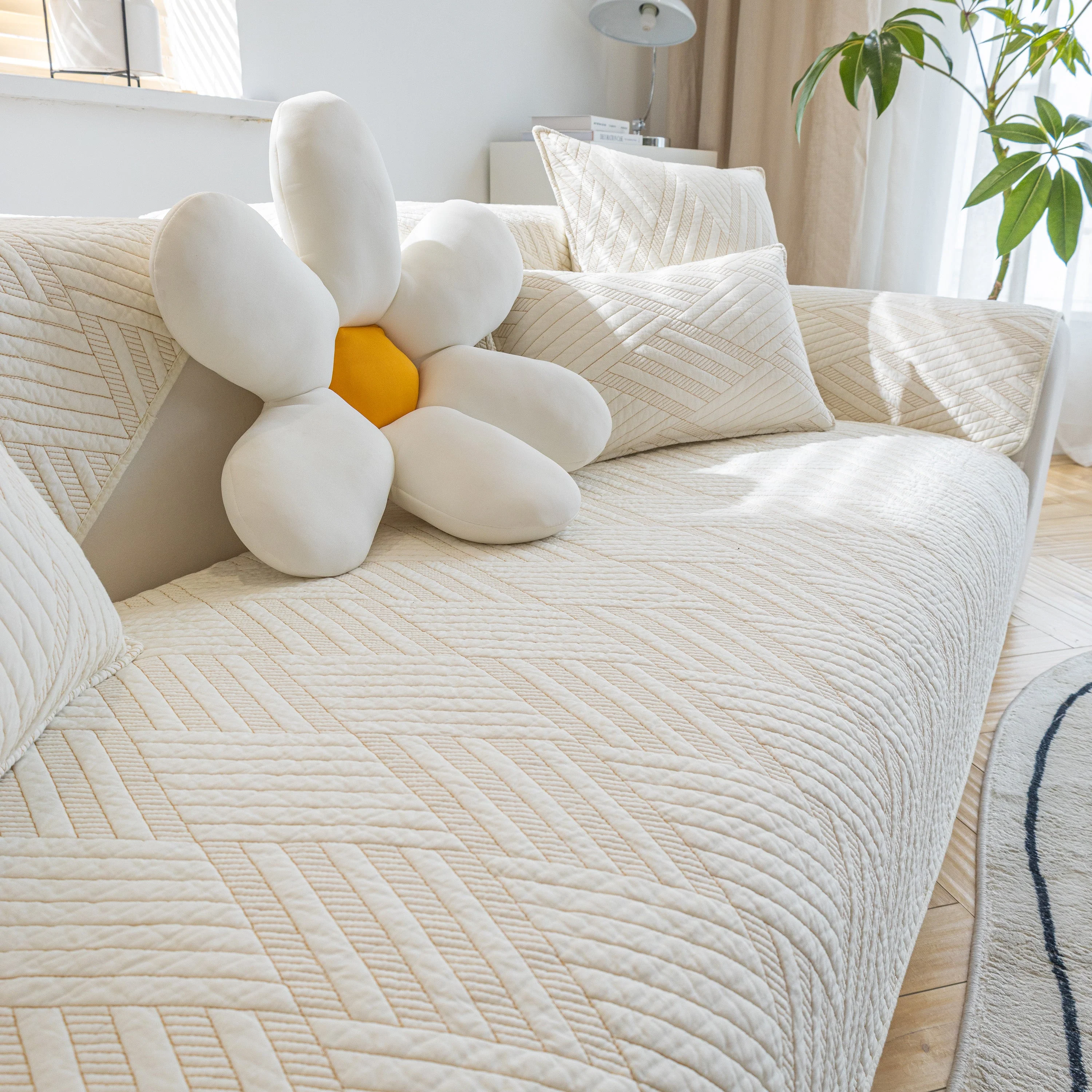 Quilted Geometric Cotton Sofa Cover, Non-Slip & Thick Padded Furniture Covers - Image 4