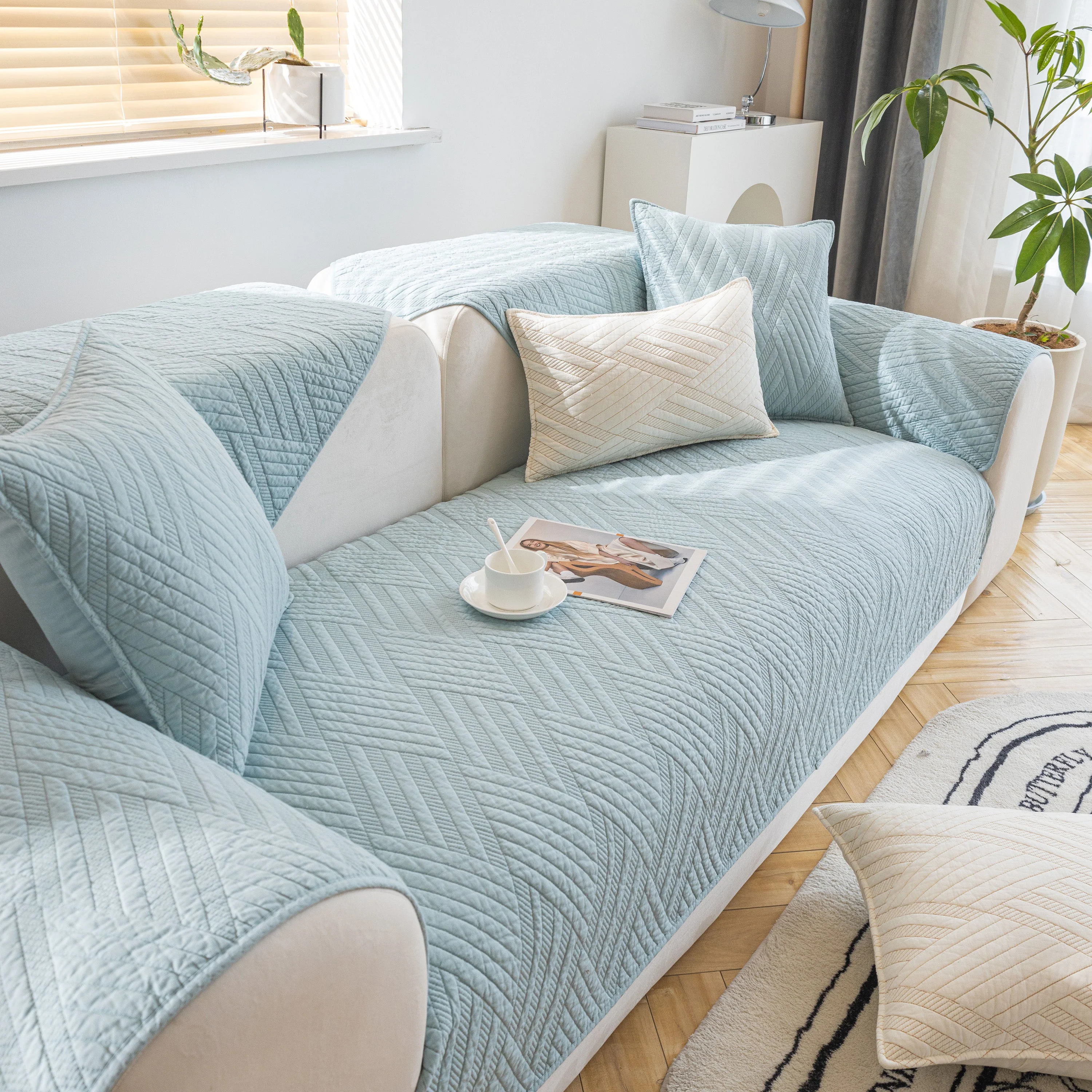 Quilted Geometric Cotton Sofa Cover, Non-Slip & Thick Padded Furniture Covers - Image 56
