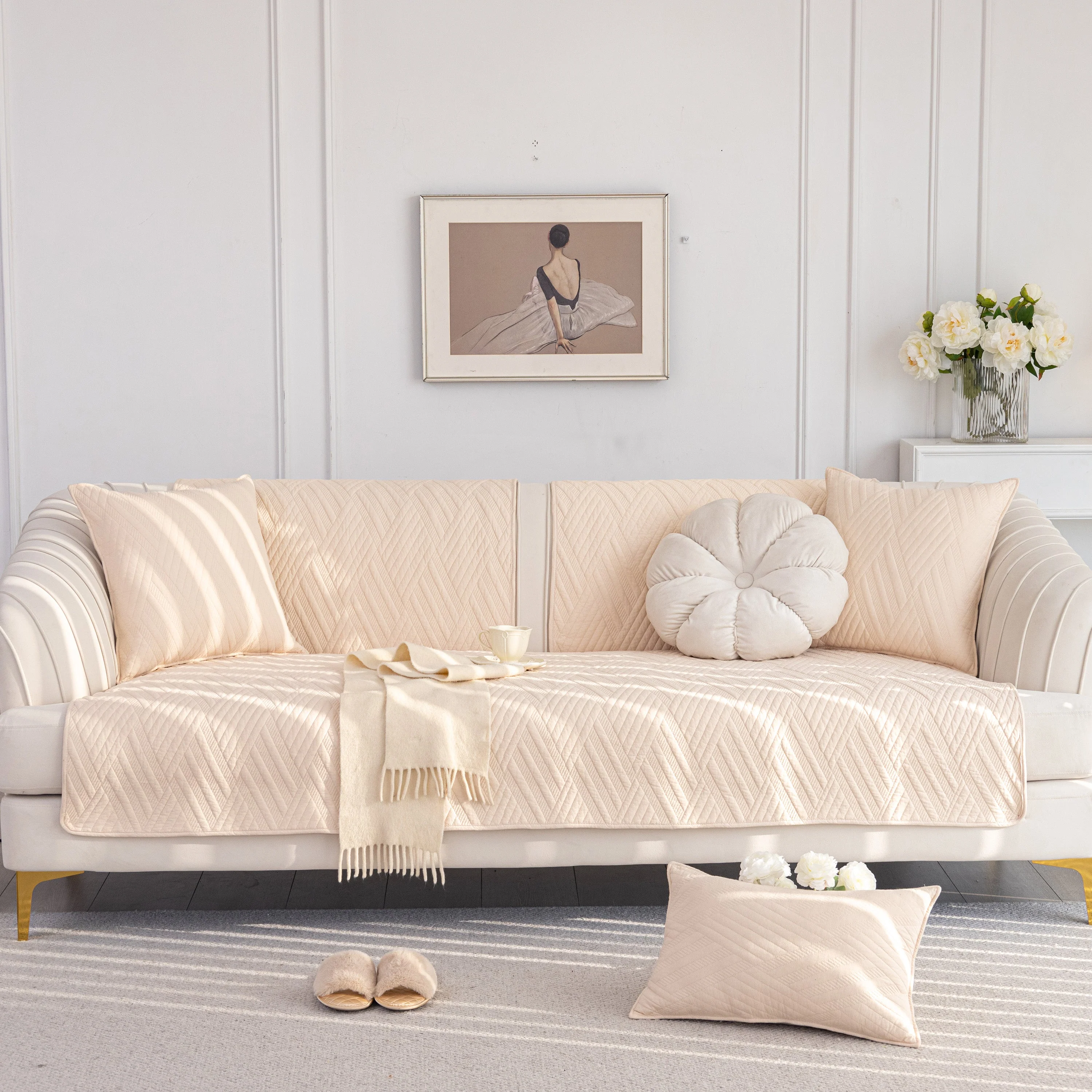 Quilted Geometric Cotton Sofa Cover, Non-Slip & Thick Padded Furniture Covers - Image 65