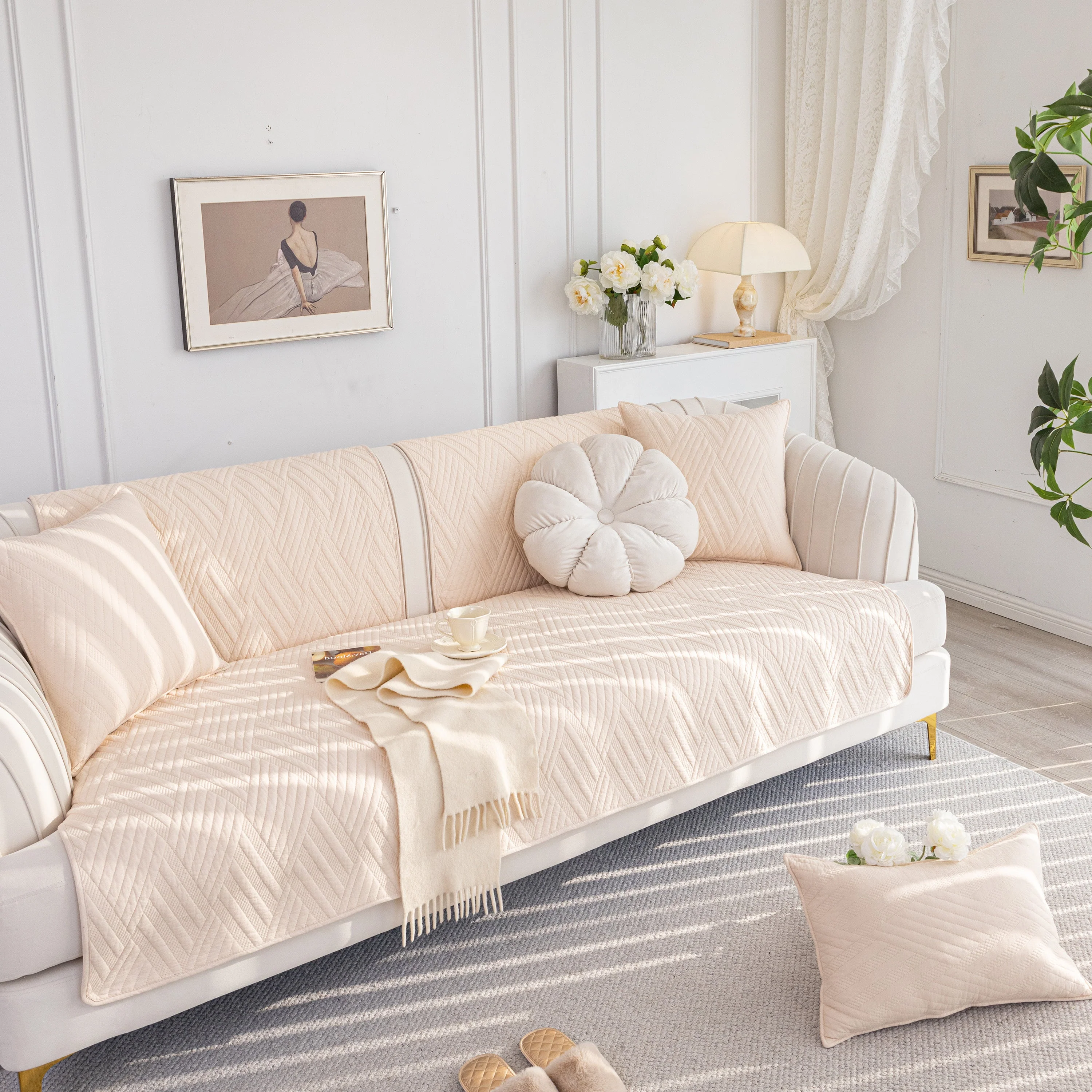 Quilted Geometric Cotton Sofa Cover, Non-Slip & Thick Padded Furniture Covers - Image 68