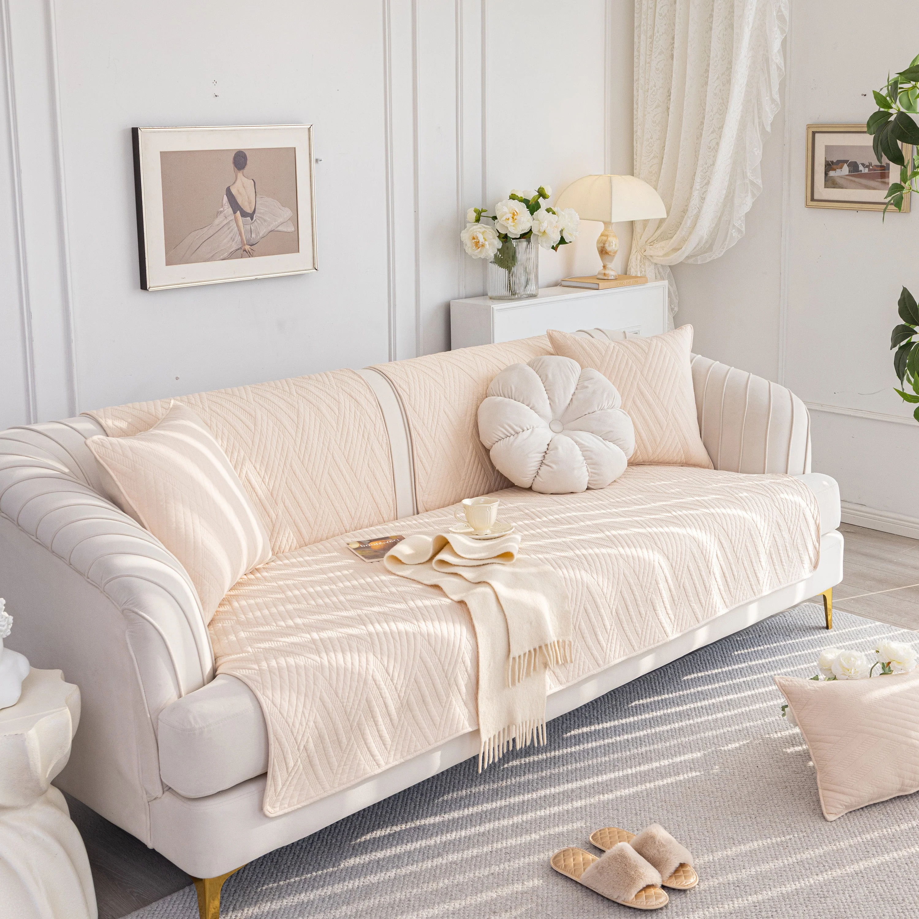Quilted Geometric Cotton Sofa Cover, Non-Slip & Thick Padded Furniture Covers - Image 69