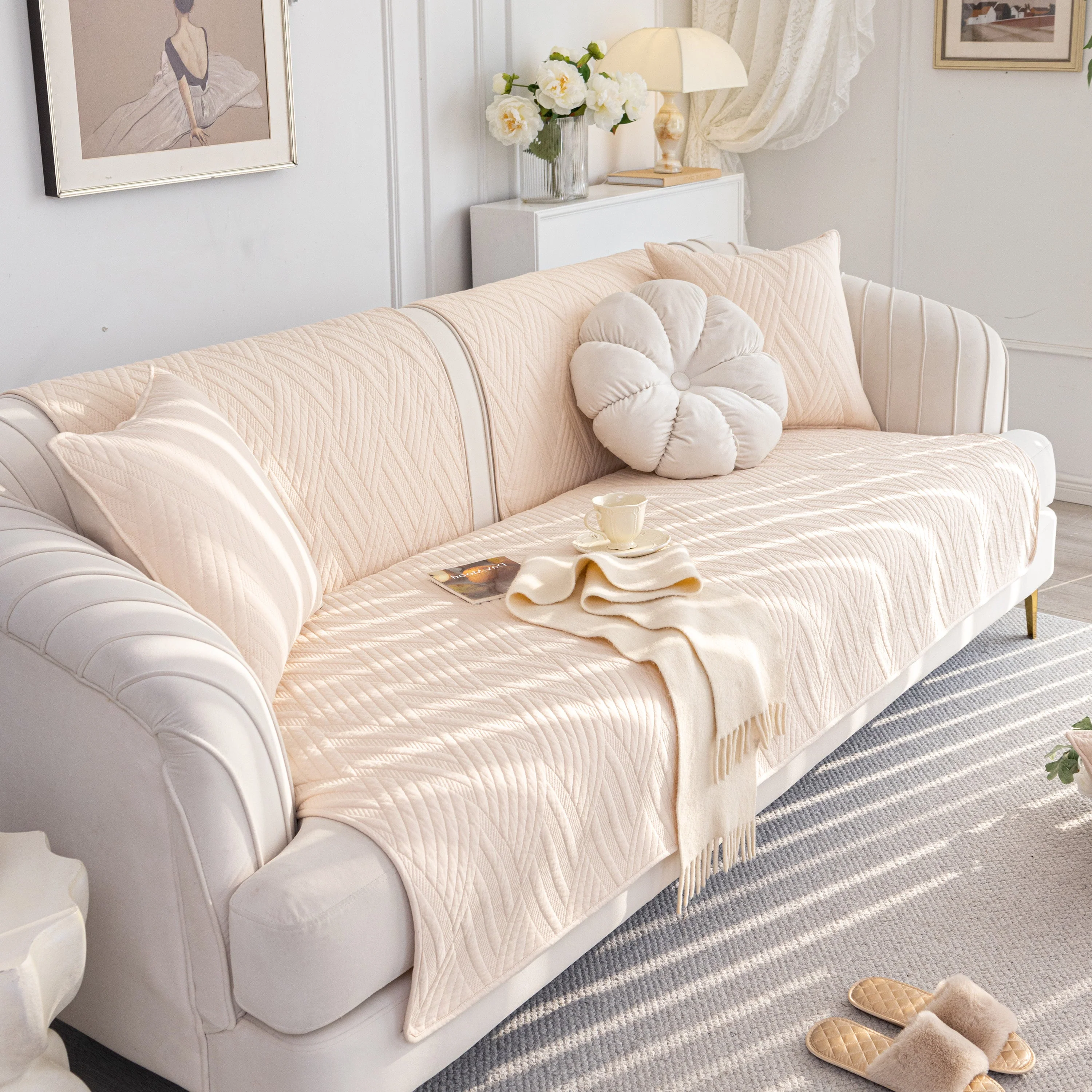 Quilted Geometric Cotton Sofa Cover, Non-Slip & Thick Padded Furniture Covers - Image 70