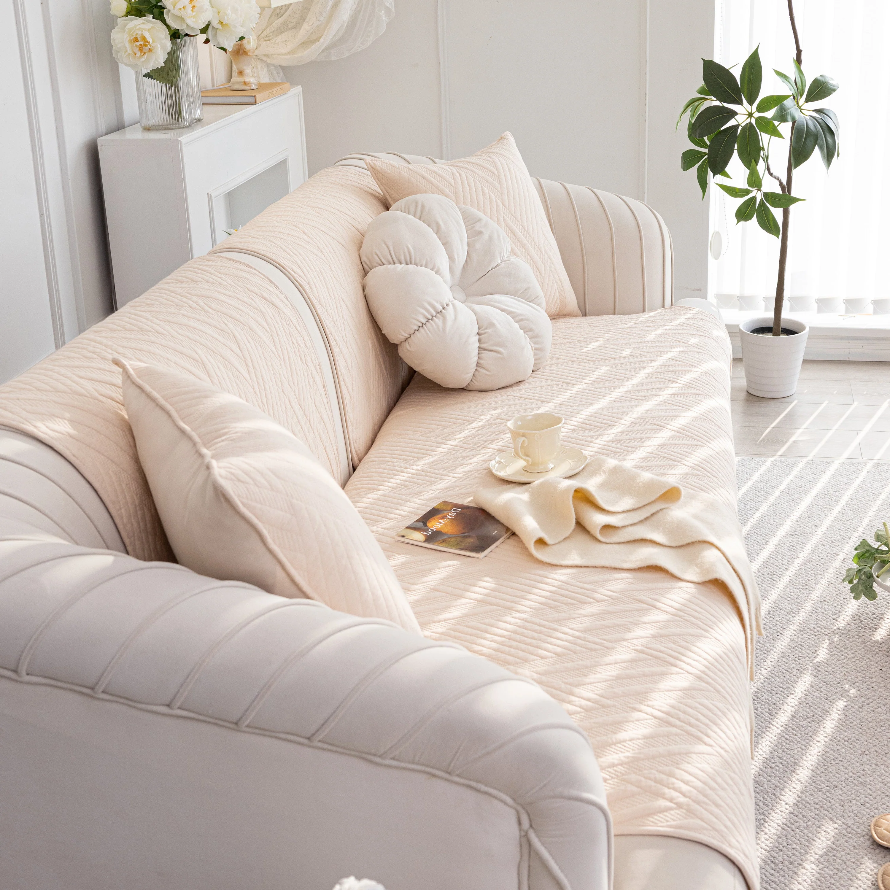 Quilted Geometric Cotton Sofa Cover, Non-Slip & Thick Padded Furniture Covers - Image 71