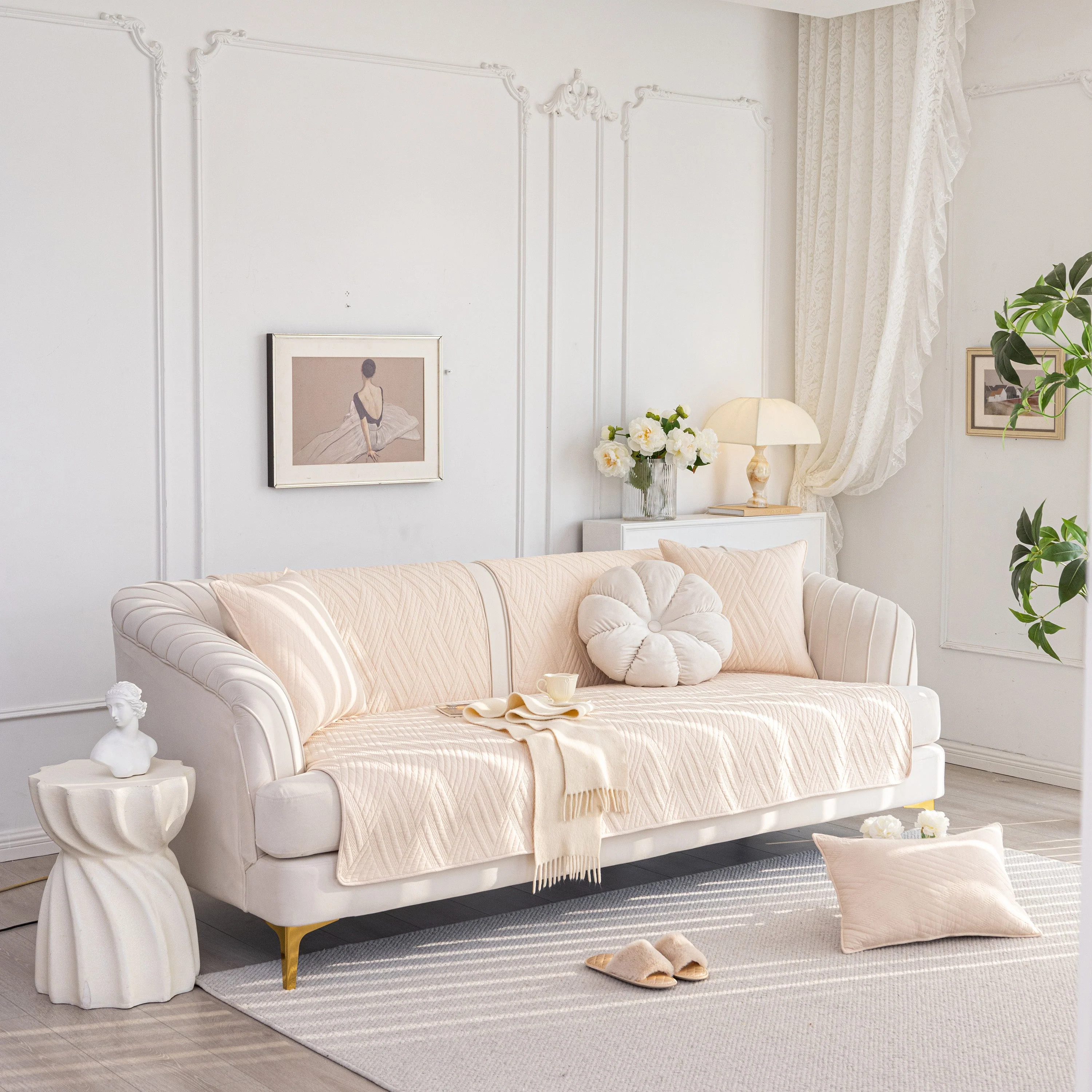 Quilted Geometric Cotton Sofa Cover, Non-Slip & Thick Padded Furniture Covers - Image 72