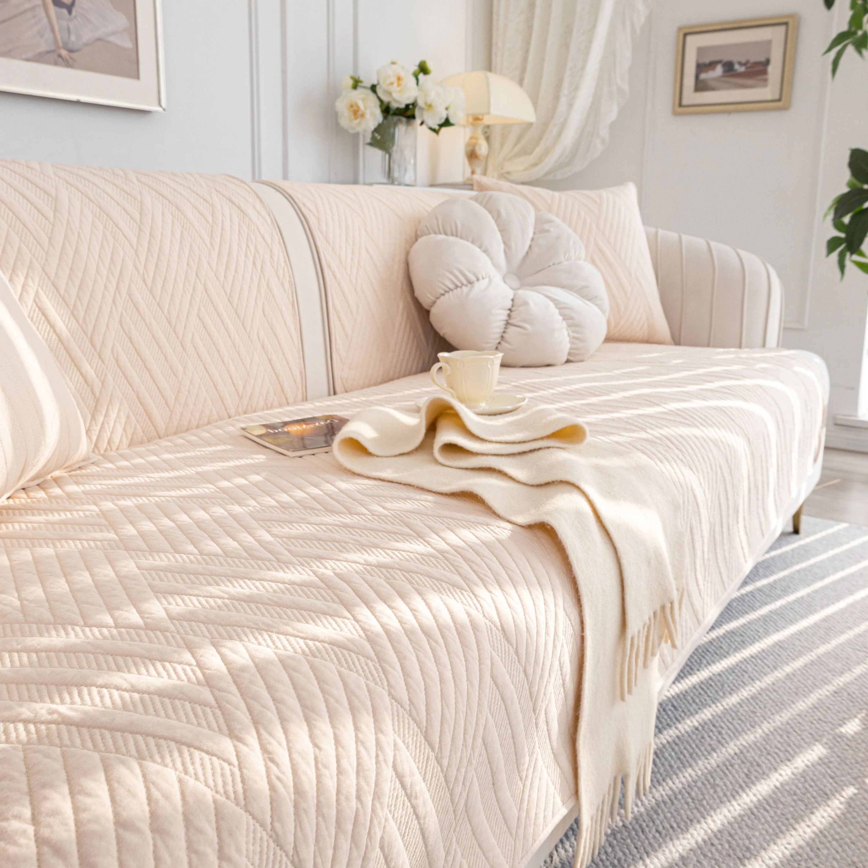 Quilted Geometric Cotton Sofa Cover, Non-Slip & Thick Padded Furniture Covers - Image 73