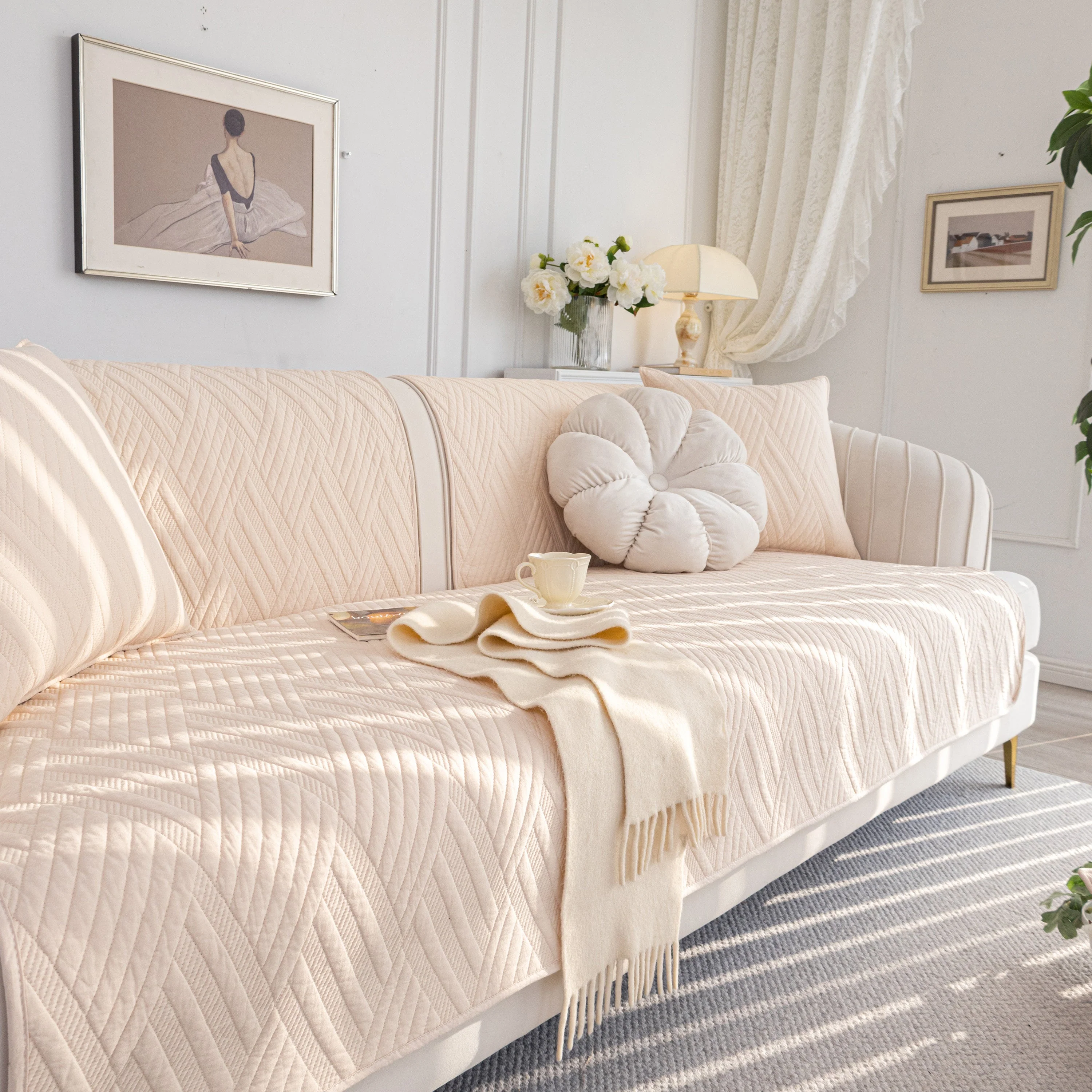 Quilted Geometric Cotton Sofa Cover, Non-Slip & Thick Padded Furniture Covers - Image 74