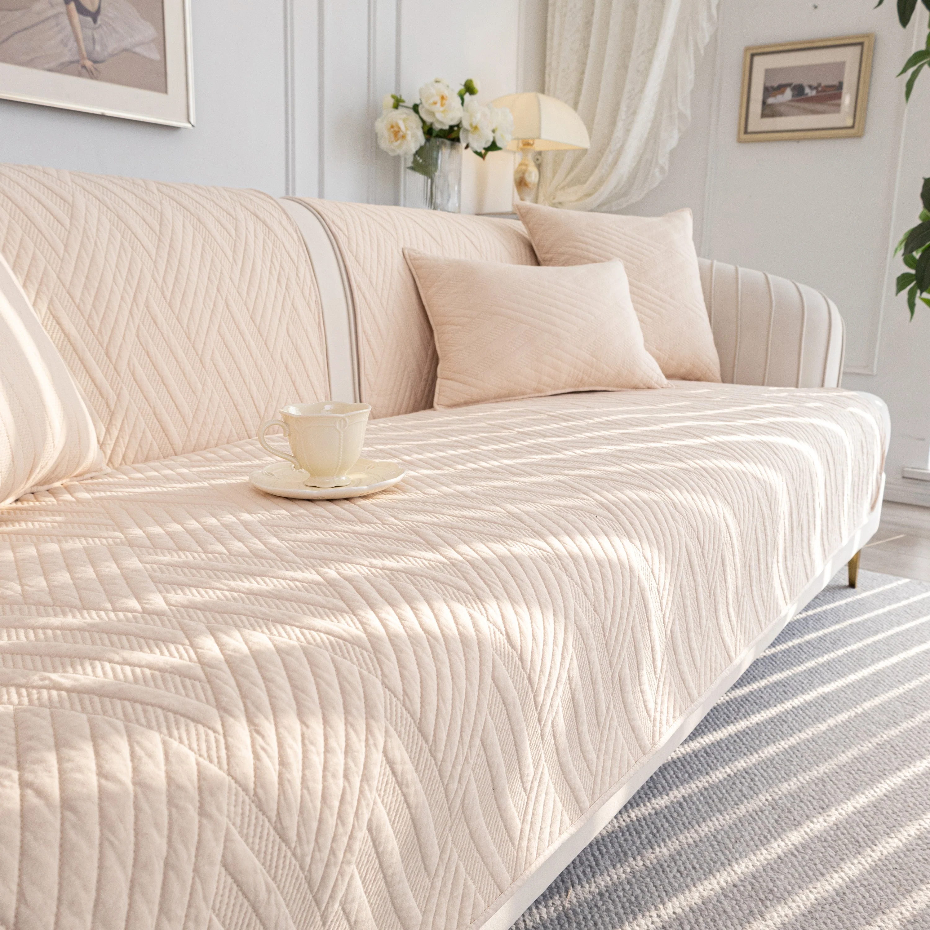 Quilted Geometric Cotton Sofa Cover, Non-Slip & Thick Padded Furniture Covers - Image 75