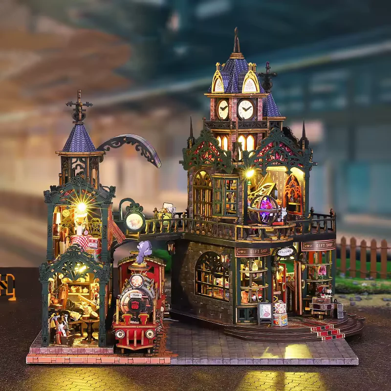Railway City Dollhouse Kit - Miniature Wizardi Roombox Kit with LED Light F07M51-99-ES019 - Image 2