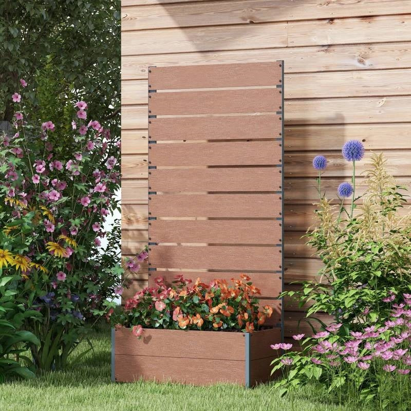 Raised Garden Bed Planter with Slatted Fence Trellis in Brown Wood Finish - Image 2
