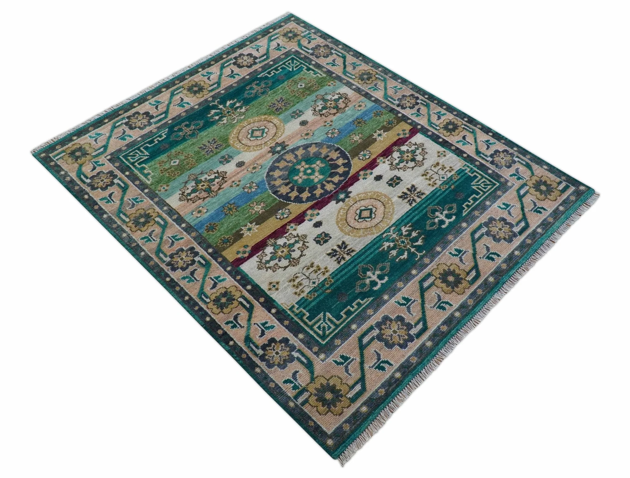Ready to Ship Peach And Teal Traditional Hand Knotted 8x10 Wool Rug - Image 10