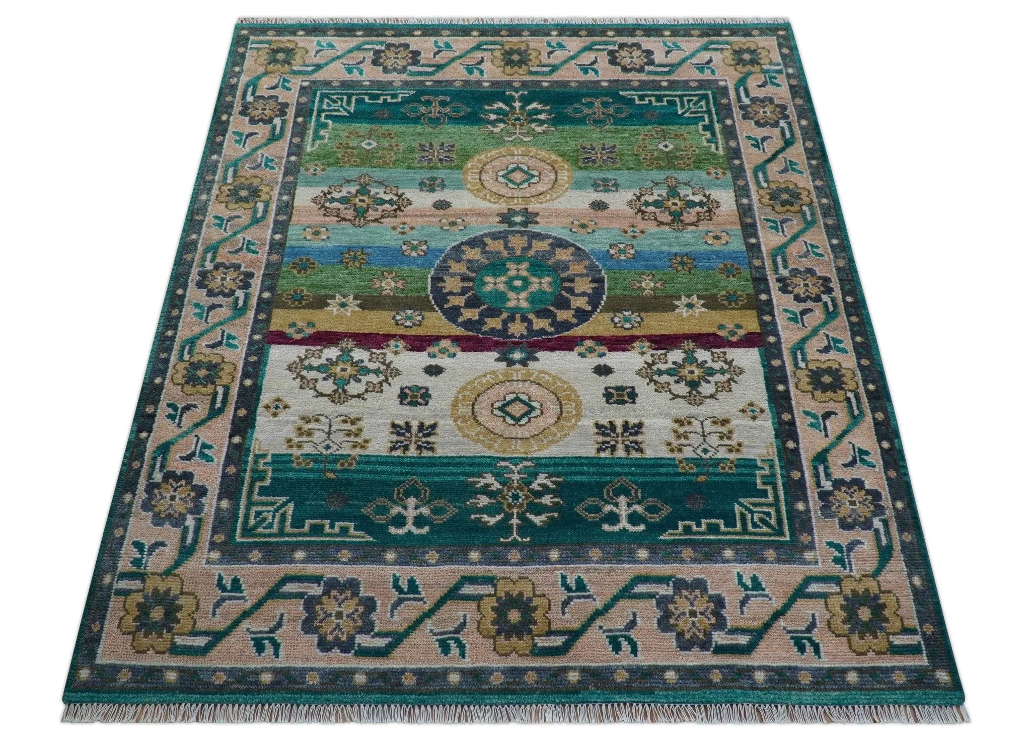 Ready to Ship Peach And Teal Traditional Hand Knotted 8x10 Wool Rug - Image 11
