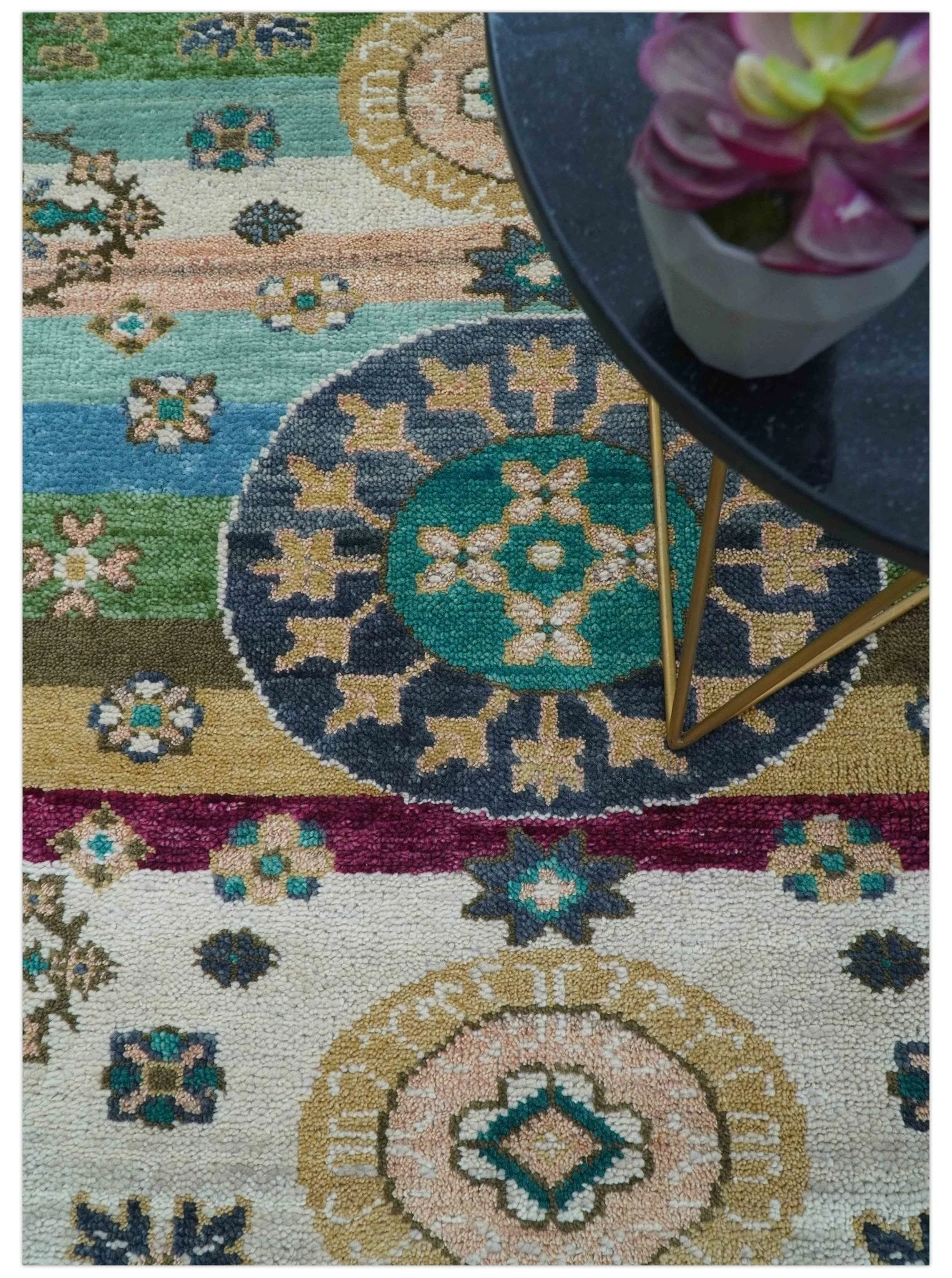Ready to Ship Peach And Teal Traditional Hand Knotted 8x10 Wool Rug - Image 3
