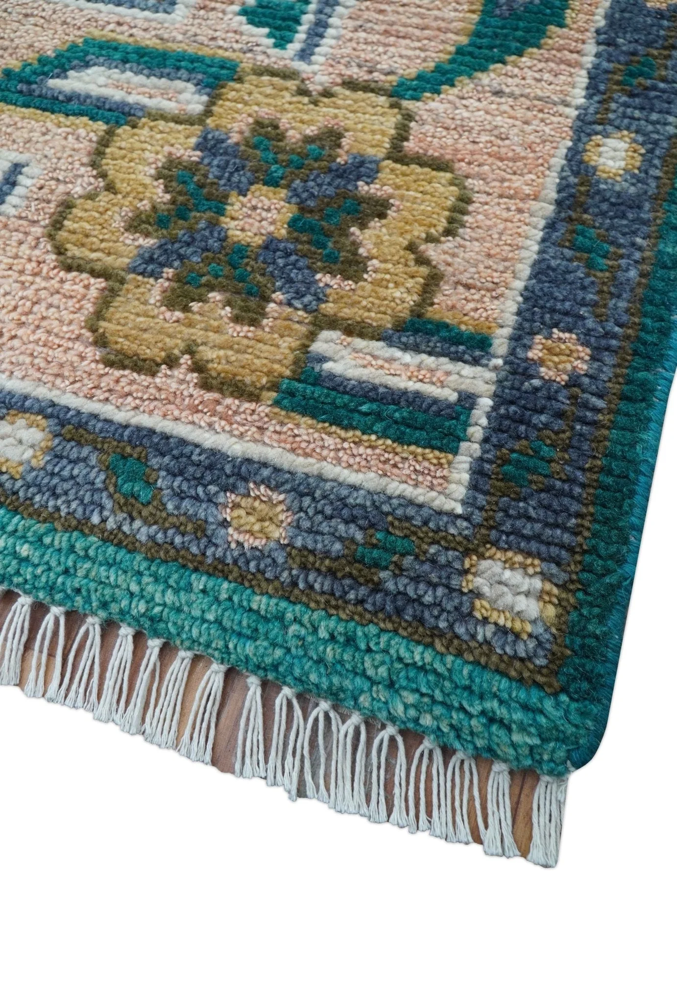 Ready to Ship Peach And Teal Traditional Hand Knotted 8x10 Wool Rug - Image 8