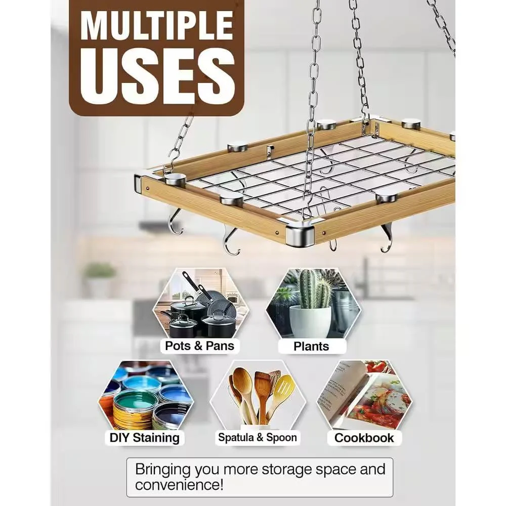 Rectangular 23.5-inch Metal Wood Ceiling Mounted Kitchen Pot Rack - Image 2