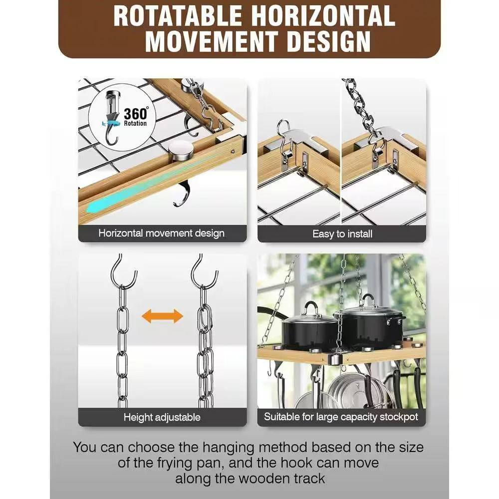Rectangular 23.5-inch Metal Wood Ceiling Mounted Kitchen Pot Rack - Image 3