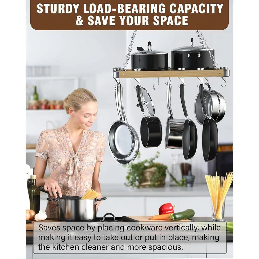 Rectangular 23.5-inch Metal Wood Ceiling Mounted Kitchen Pot Rack - Image 4