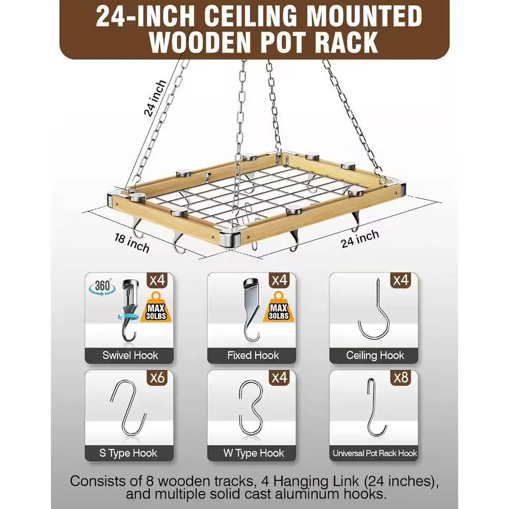 Rectangular 23.5-inch Metal Wood Ceiling Mounted Kitchen Pot Rack - Image 5