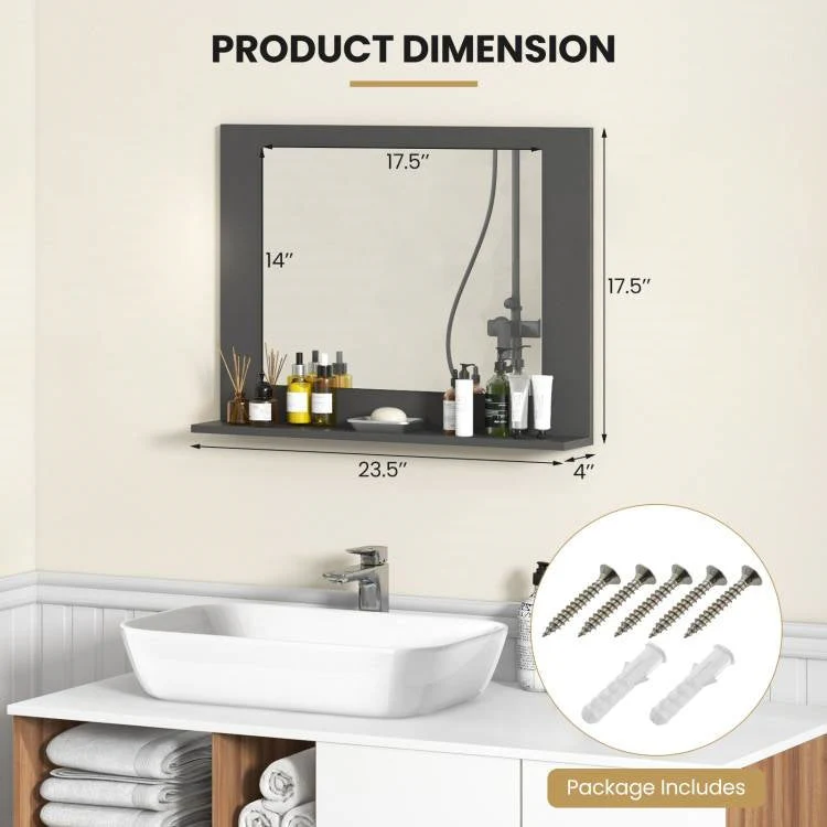 Rectangular 23 x 17 inch Bathroom Mirror with Storage Shelf in Grey Wood Finish - Image 5