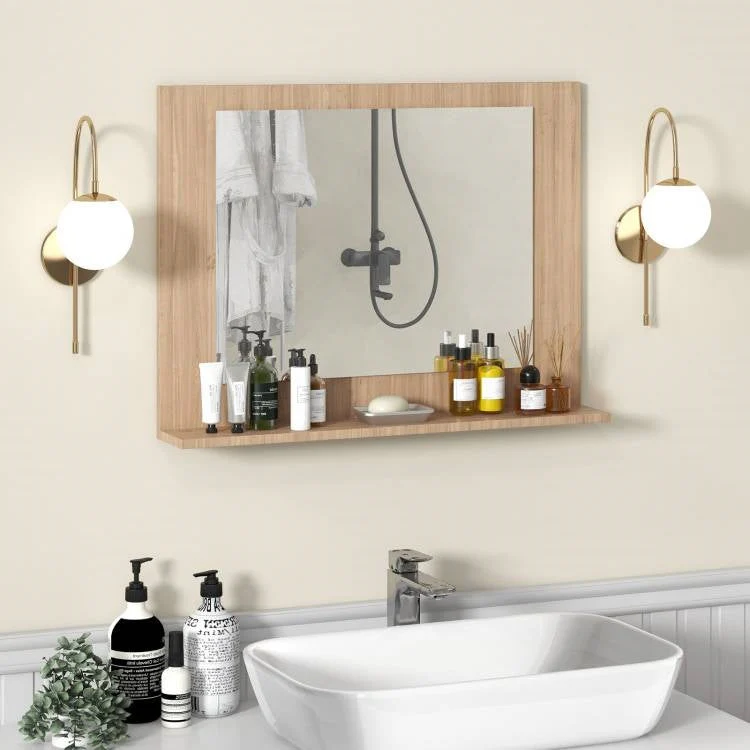 Rectangular 23 x 17 inch Bathroom Wall Mirror with Shelf in Brown Wood Finish - Image 3