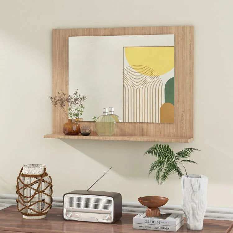 Rectangular 23 x 17 inch Bathroom Wall Mirror with Shelf in Brown Wood Finish - Image 4