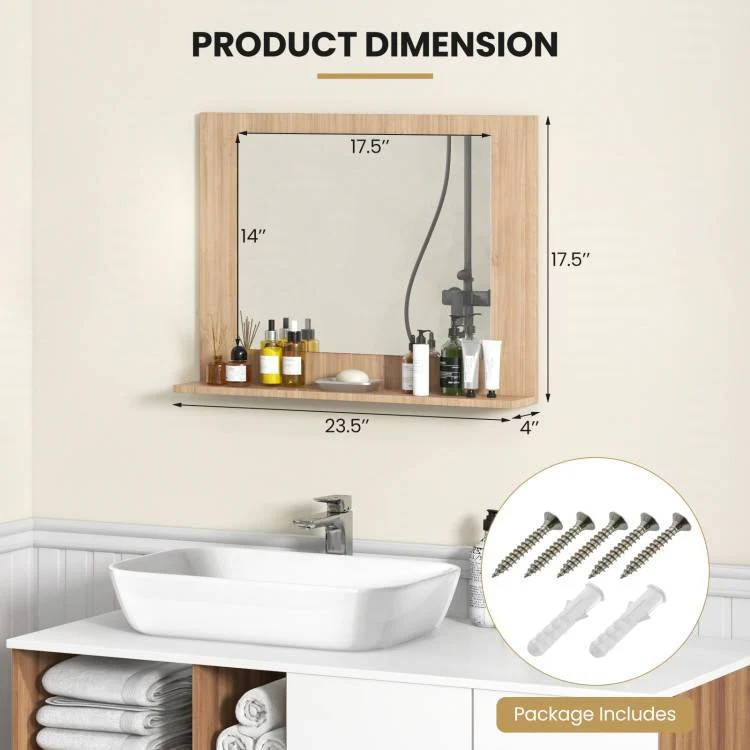 Rectangular 23 x 17 inch Bathroom Wall Mirror with Shelf in Brown Wood Finish - Image 5