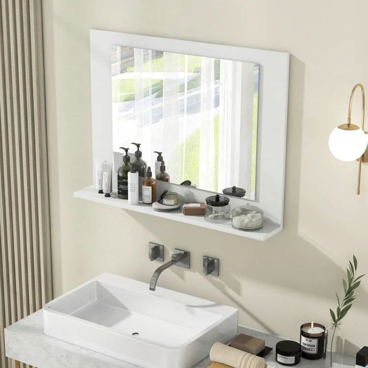Rectangular Bathroom Wall Mirror with Storage Shelf and White Wood Frame - Image 2